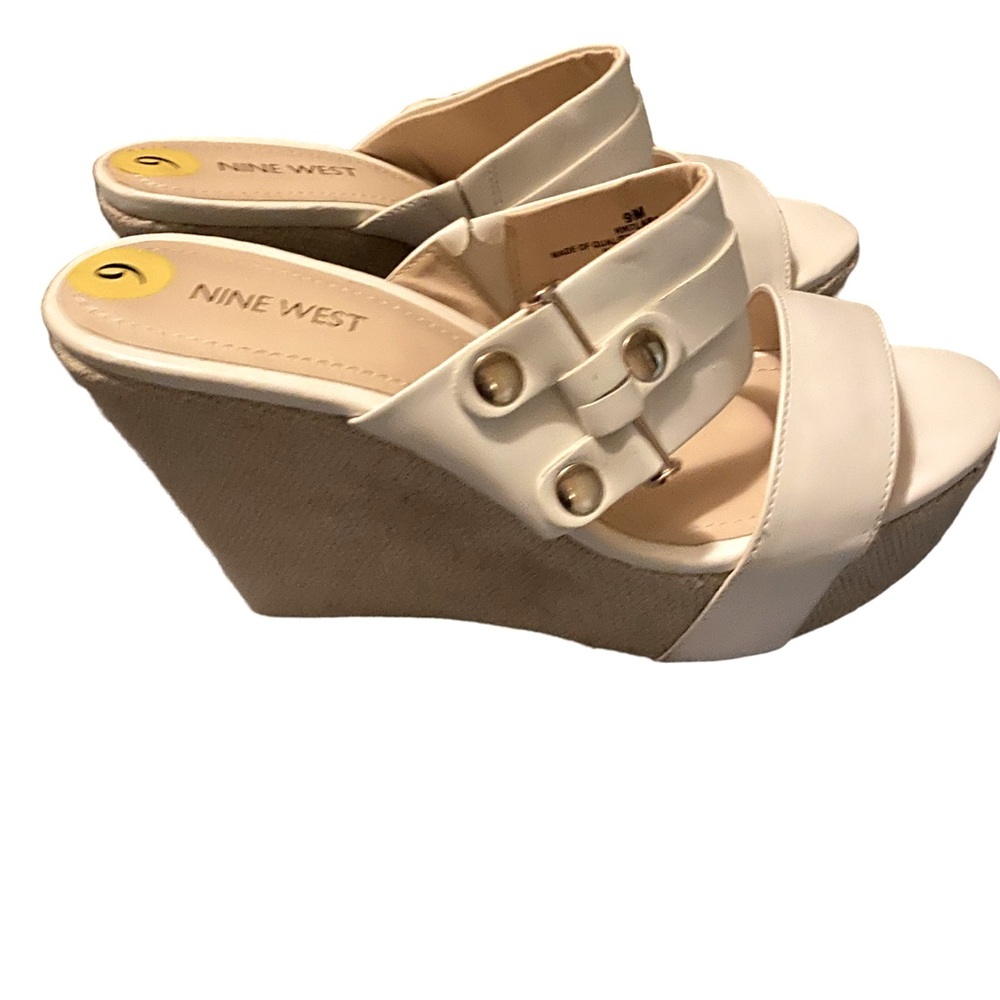 Nine West Laura White Wedge Sandals.